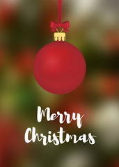 Red Christmas ball with ribbon on blurred background. Vector illustration