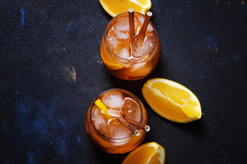 Italian Orange Cocktail With Aperitif, Ice, Sparkling Wine And Orange Slice, Top View