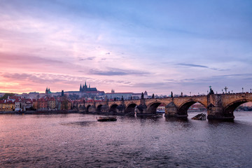 Scenic view of bridges on the Vltava river and historical center of Prague with Prague Castle, buildings and landmarks of old town,Prague,Czech Republic.