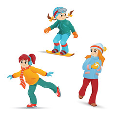 Girls having fun in winter - ice skating, snowboarding, playing snowballs, cartoon vector illustration isolated on white background. Girls ice skating, snowboarding, playing snowballs in winter