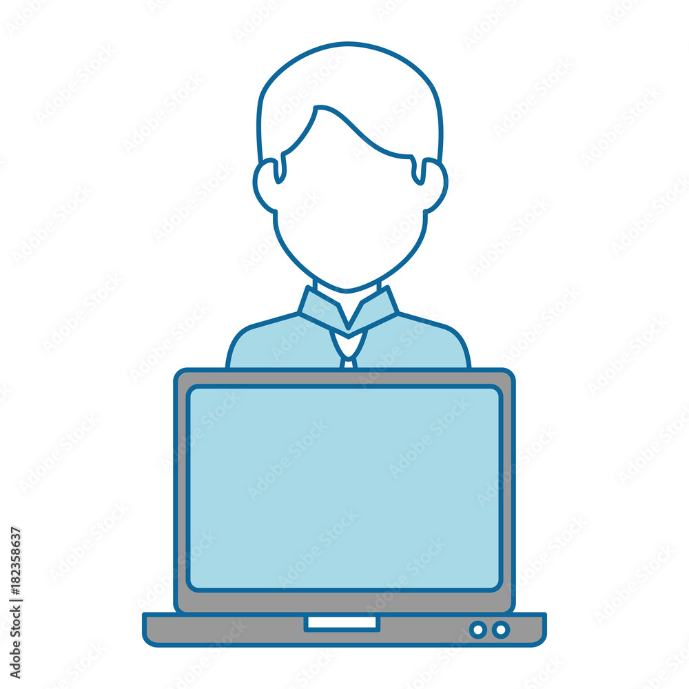 Poster laptop computer with user vector illustration design
