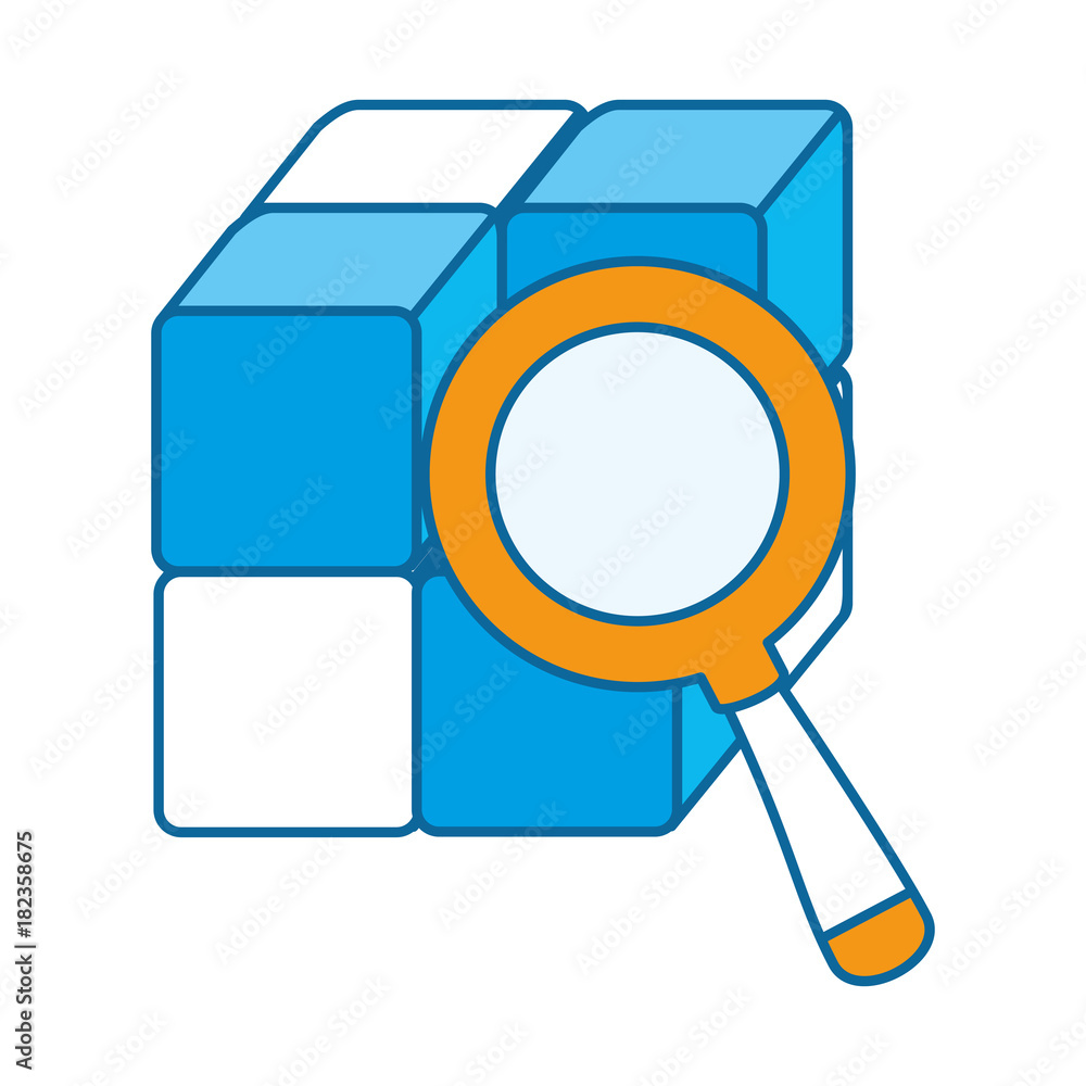 Aufkleber cube with blocks with magnifying glass vector illustration design