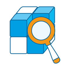 cube with blocks with magnifying glass vector illustration design