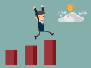 Obraz premium Businessman running along growth graph moving to career success and business growth. finance statistics and analytics vector illustration.