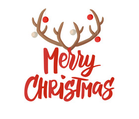 Merry Christmas card. Hand drawn lettering. Reindeer horns with Christmas balls decoration. Great for gift tags and labels.