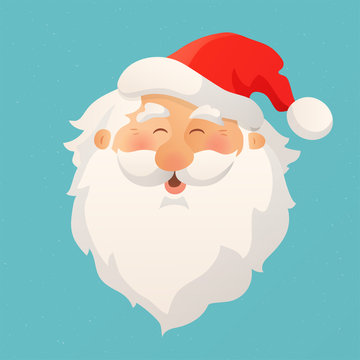 Happy smiling Santa Claus head with red hat and beard. Cartoon vector illustration.