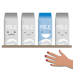 Vector illustration of milk emotions,  a carton of milk. Buyer choice in a shop