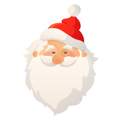 Happy smiling Santa Claus head with red hat and beard. Cartoon vector illustration.