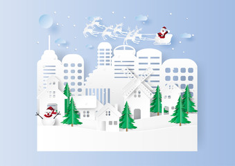 Santa claus on snow and winter season with urban countryside landscape and city background for merry christmas and happy new year paper art style.Vector illustration.