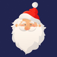 Happy smiling Santa Claus head with red hat and beard. Cartoon vector illustration.