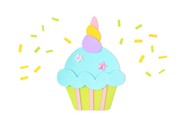 Unicorn cupcake paper cut on white background - isolated