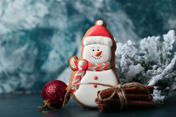 Smiling snowman on christmas background