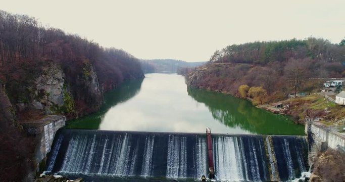 Aerial view of the water dam. Beautiful view of the river Teteriv landscape.