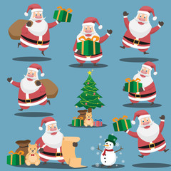 Christmas Santa Claus. Set funny Santa Claus in different poses Collection isolated cartoon flat style. Merry Christmas and Happy New Year!