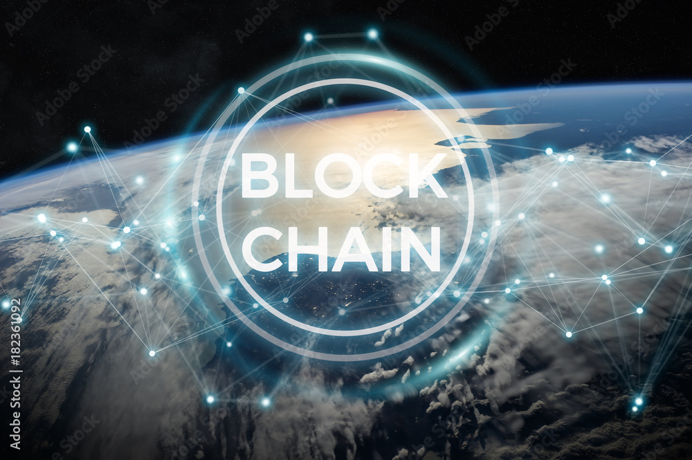 Poster Blockchain on planet Earth 3D rendering
