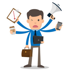 Businessman unhappy with multitasking and multi skill. cartoon character vector illustration. marketing, coffee, phone, megaphone, clipboard.