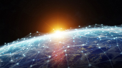 Connections system and datas exchanges on planet Earth 3D rendering