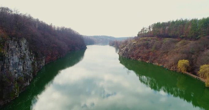 Aerial view of the rocks. Beautiful view of the river landscape.