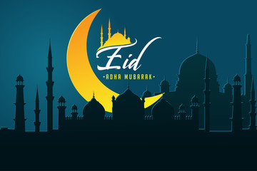 Eid Adha Mubarak with creative Mosque Silhouette and Moon light, Islamic, Muslim Religion, vector Greeting