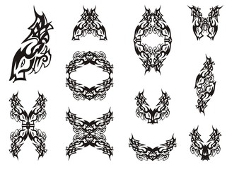 Linear fish pattern, fish symbols. Set of double fish symbols and frames for your design. Black on white