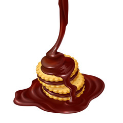 Several sandwich-cookies with chocolate filling and pouring melted chocolate, realistic vector illustration isolated on white background. Sweet crispy cookies with chocolate cream, design element
