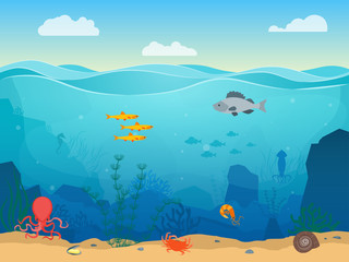 Fototapeta na wymiar Cartoon Sea Underwater Scene Color Background. Vector
