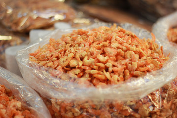 dried shrimp stack in market