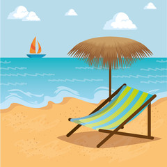 Fototapeta na wymiar wooden beach chair on a beach landscape summer holiday vacation vector illustration graphic design