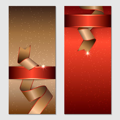 Vertical gift golden festive design background with glitter, ribbons for invitation, voucher. Postcard for  Merry New Year and Merry Christmas. For a banner, flyer, certificate, company card. Vector