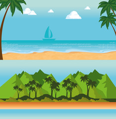 Obraz premium beautiful landscape summer time on the beach with palms vector illustration graphic design
