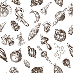 Fototapeta premium Szkic ilustracji wektorowych - kartki z życzeniami i projekt wakacje. Boże Narodzenie ręcznie rysowane ozdoby - choinkowe. Z piłkami, zabawkami, jemiołą i szyszkami jodłowymi. Vintage wzór