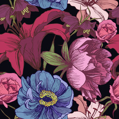 Vector floral seamless pattern with peonies, lilies, roses in vintage style - 182363639