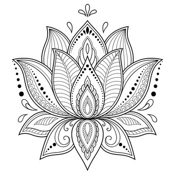 Naklejka Szablon kwiat tatuaż henną w stylu indyjskim. Etniczne pąki kwiatowe - Lotus. Styl Mehndi. Ozdobny wzór w stylu orientalnym.