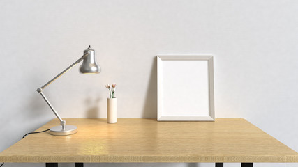 blank frame mock up on wood table and silver lamp white wall 3d rendering