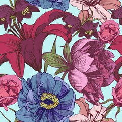 Fototapety  Vector floral seamless pattern with peonies, lilies, roses in vintage style