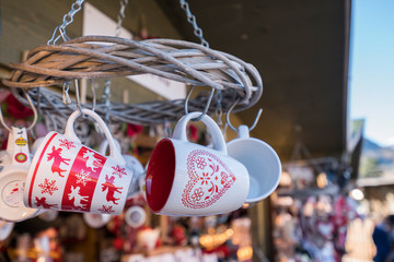 Tea cups christmas market merano in south tyrol - obrazy, fototapety, plakaty