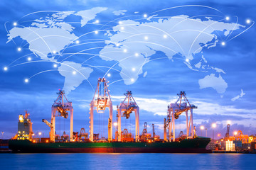 Map global logistics partnership connection of Container Cargo freight ship for Logistics Import Export background at sunrise
