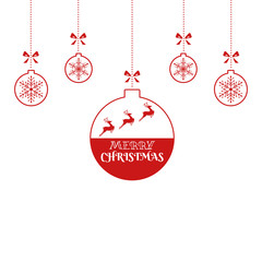 Christmas ornaments hanging with reindeer and ribbon isolated background. Merry Christmas and happy new year.