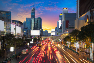 Fototapeta premium Road with traffic jams area in front Central World, Economic center of Bangkok Thailand