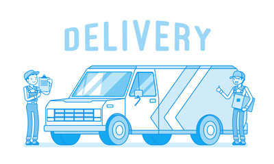 Delivery van and workers