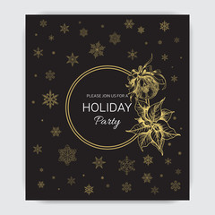 Invitation card for a Christmas party. Design template with xmas hand-drawn graphic illustrations. Greeting card with the New Year and Christmas holidays.
