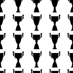 Winner trophy cup seamless pattern. Black simple silhouette texture. Championship prize for first place. Vector illustration.
