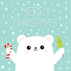 Merry Christmas. Polar white bear cub hand holding candy cane Fir tree spruce stick. Reaching for a hug. Cute cartoon baby character. Arctic animal. Flat design. Winter snow flake background.
