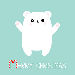 Merry Christmas Candy cane text. Polar white bear cub. Reaching for a hug. Cute cartoon baby character. Open hand ready for a hugging. Arctic animal. Flat design. Winter blue background.