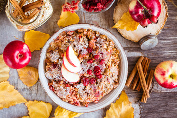 Oat flakes baked with apple, cherry and cinnamon. Ingredients for oatmeal preparation. Top view