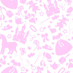 Seamless pattern on the theme of Hobbies baby girls,  accessories and toys, the outlines of objects pink icons on a white background 