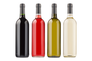 Wine bottles collection different colors isolated on  white background, mock up. Template for advertising, design, branding identity.