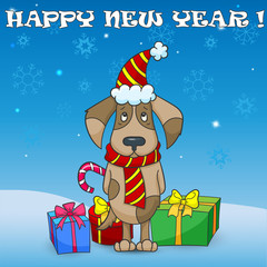 Illustration for new year and Christmas, the cartoon dog is a symbol of the new year on the Eastern calendar on the background of snow, sky with snowflakes , gift boxes and labels