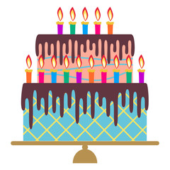 Sweet birthday cake with fifteen burning candles. Colorful holiday dessert. Vector celebration background.
