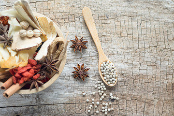 Spices and herbs in metal bowls. Food and cuisine ingredients.
